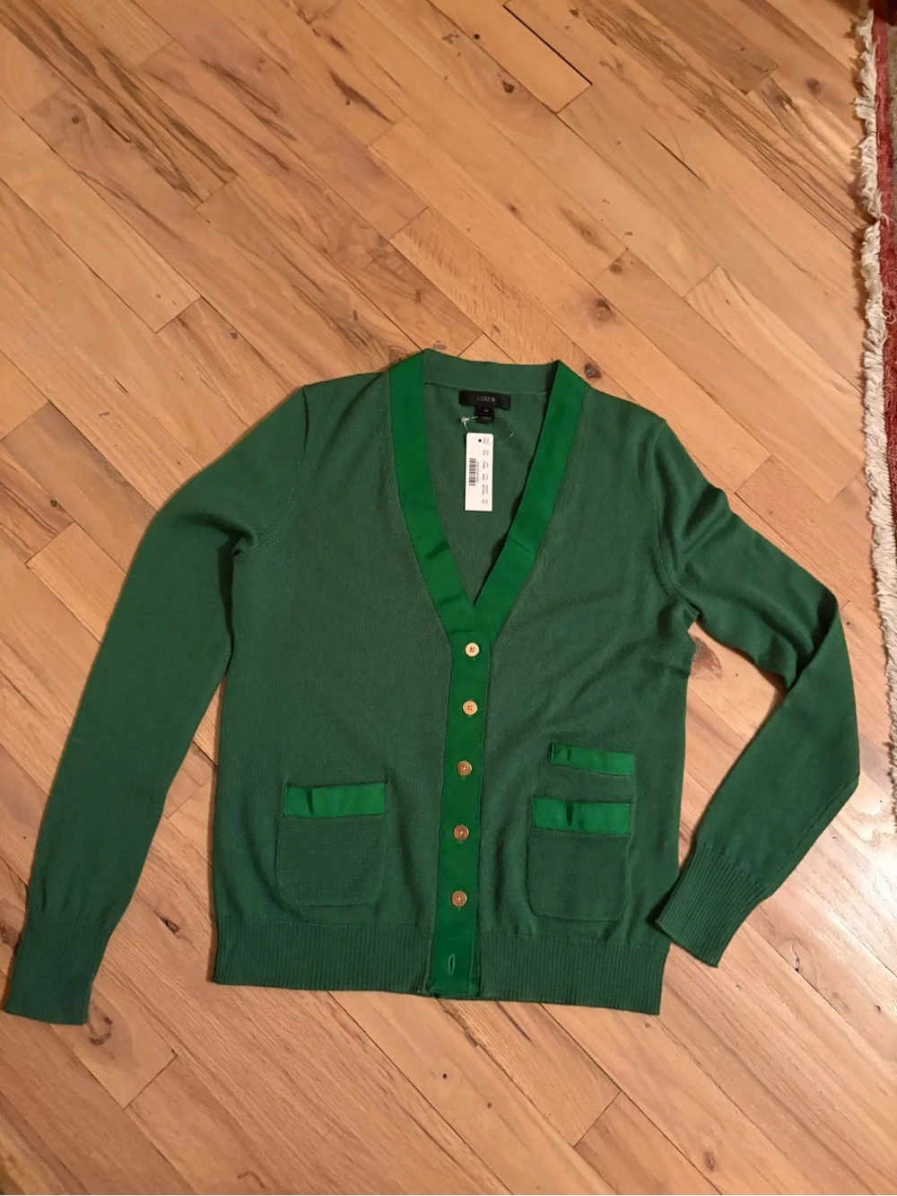 J. Crew Green V‑Neck Button Cardigan with Contrast Trim